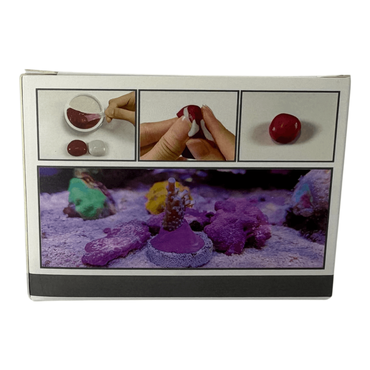 Maxspect Coral Putty 120g packaging showing coral fragments and adhesive in use, illustrating reef-safe application.