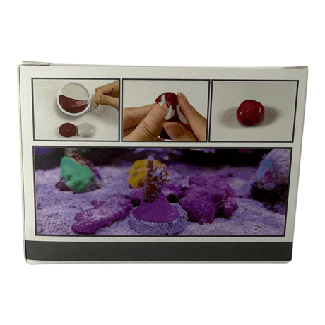 Maxspect Coral Putty 120g packaging showing coral fragments and adhesive in use, illustrating reef-safe application.