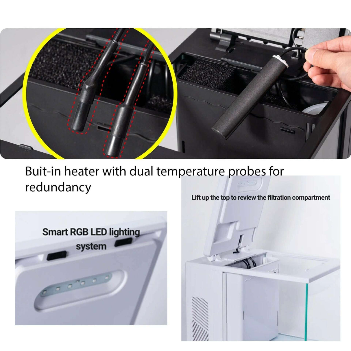 Maxspect DICE Pico 2 AIO Freshwater Aquarium built-in heater with dual temperature probes and RGB LED lighting system.