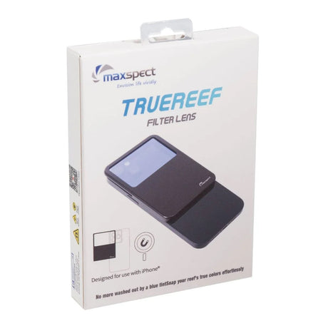 Maxspect TrueReef Filter Lens packaging design for iPhone photography of coral colors.
