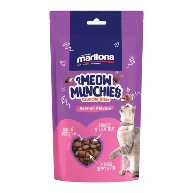 Marltons Meow Munchies Crunchy Cat Bite Treats Salmon flavor in a purple packaging with heart-shaped design.