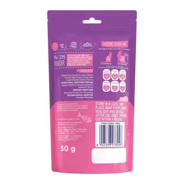 Meow Munchies Salmon cat treats packaging with feeding guidelines and storage instructions, 50g, healthy snack for cats.