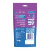 Meow Munchies Crunchy Cat Treats packaging, 50g, featuring ingredient details and feeding guidelines.