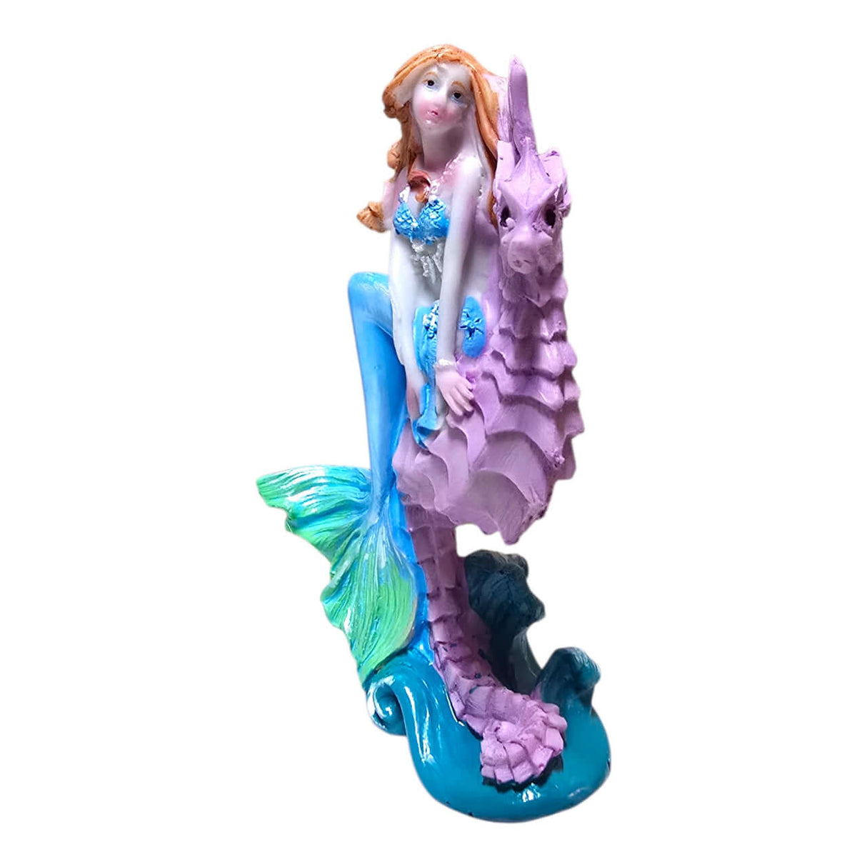 Mermaid with Seahorse Ornament featuring a mermaid holding a seahorse, perfect for enhancing aquarium decor.