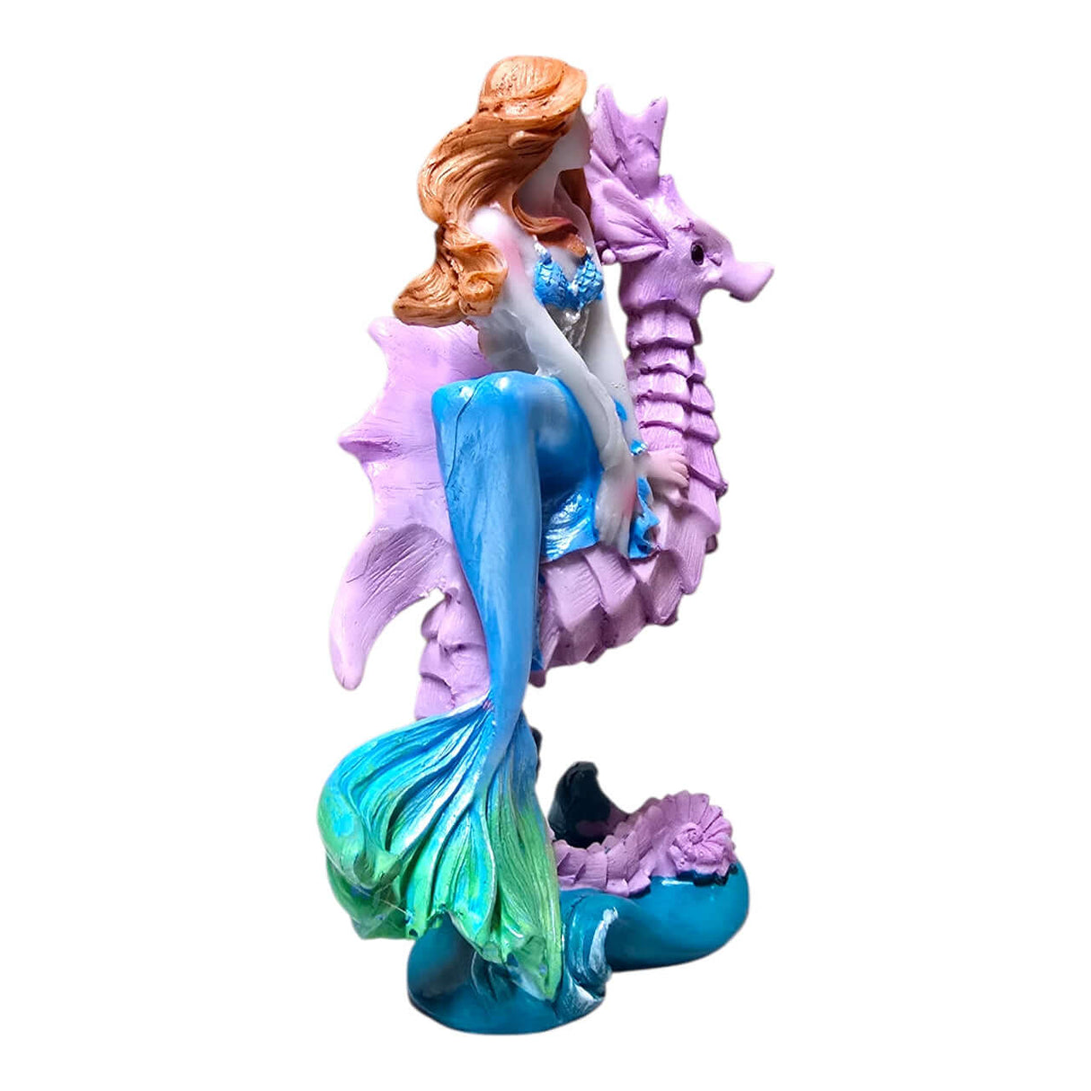 Mermaid with Seahorse Ornament featuring a detailed mermaid figure holding a seahorse, ideal for aquarium decoration.
