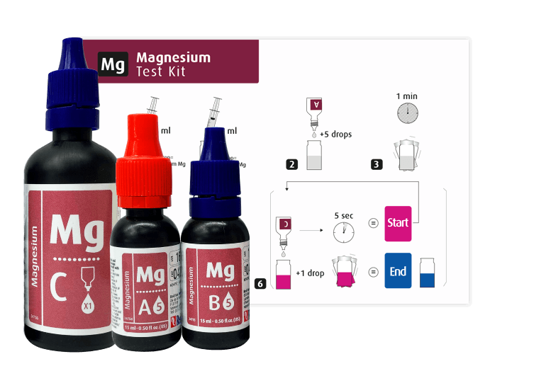Red Sea MCP Magnesium Test Kit with bottles and instructions for accurate magnesium measurement in aquariums.