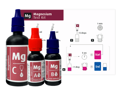 Red Sea MCP Magnesium Test Kit with bottles and instructions for accurate magnesium measurement in aquariums.