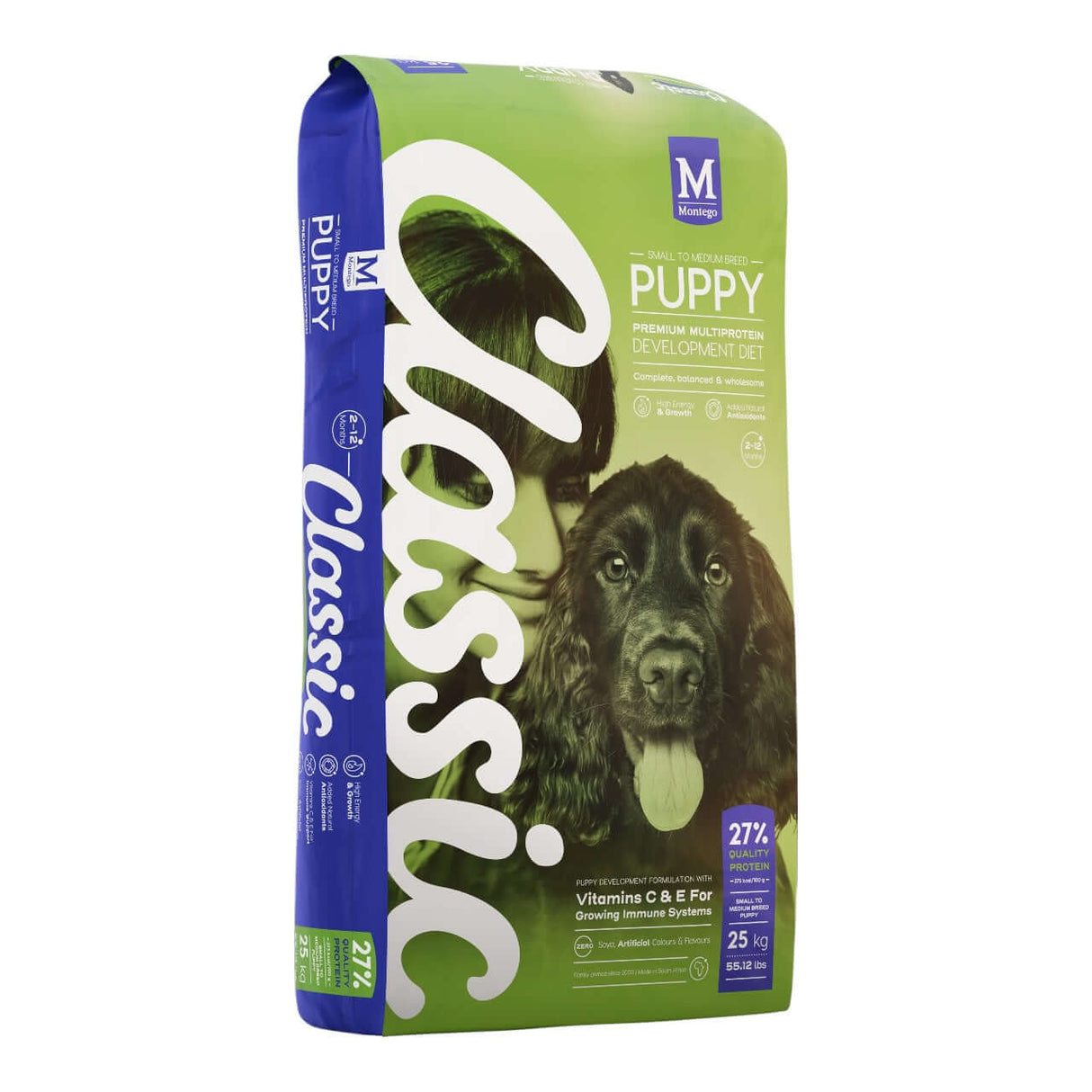 Montego Classic Puppy Small Breed Dog Food 25kg bag featuring premium nutrition for growing puppies.