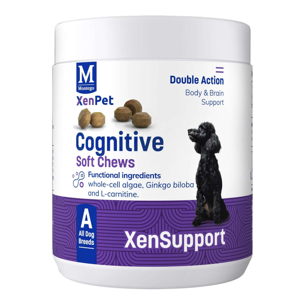 Montego XenPet Cognitive Soft Chews container with natural ingredients for dog brain health support.