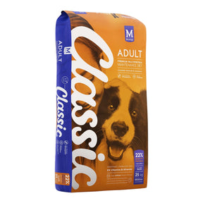 Montego Classic Adult Dog Food 25kg packaging with dog image, premium maintenance diet for adult dogs.