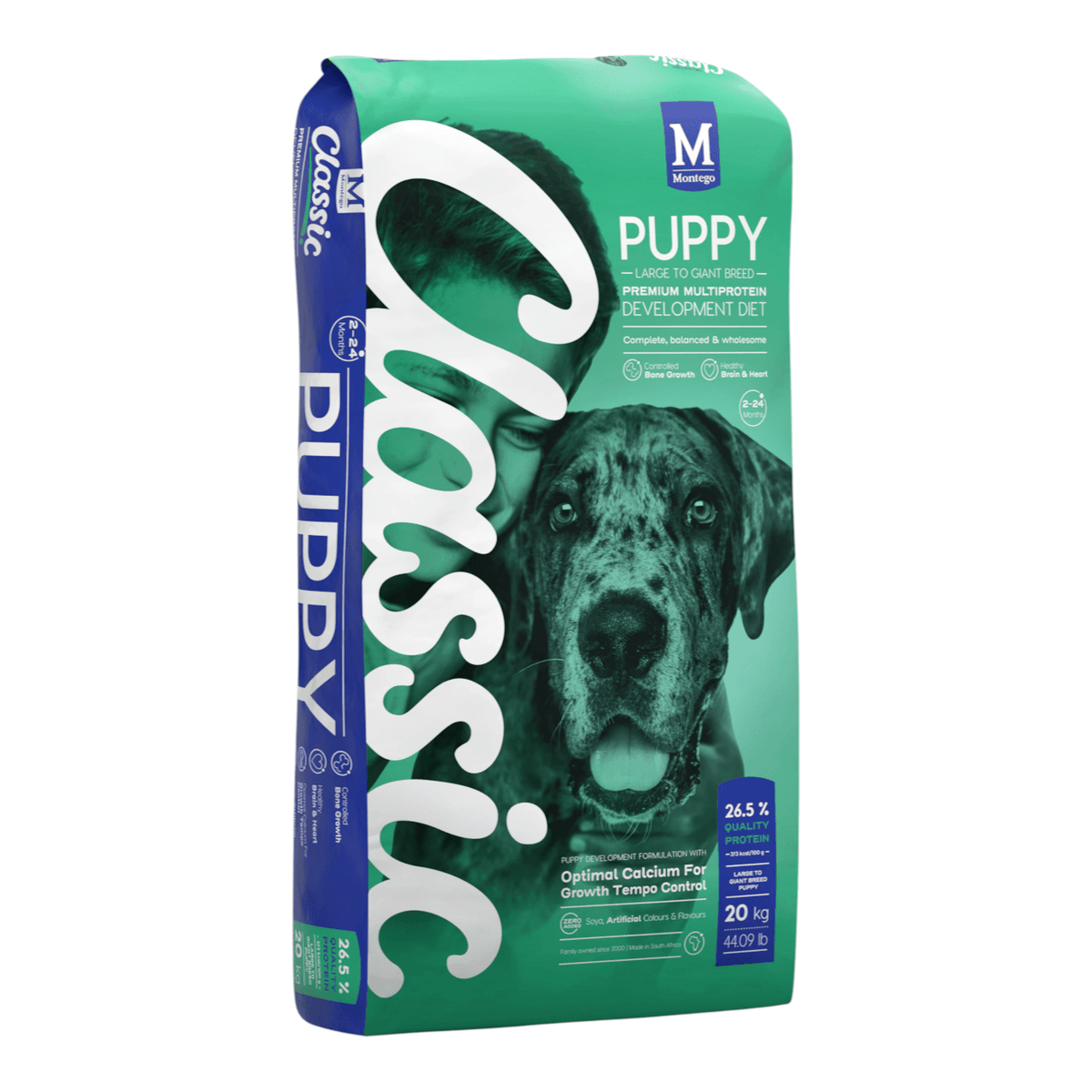 Montego Classic Puppy Large Breed Dog Food 20kg packaging with puppy and owner.