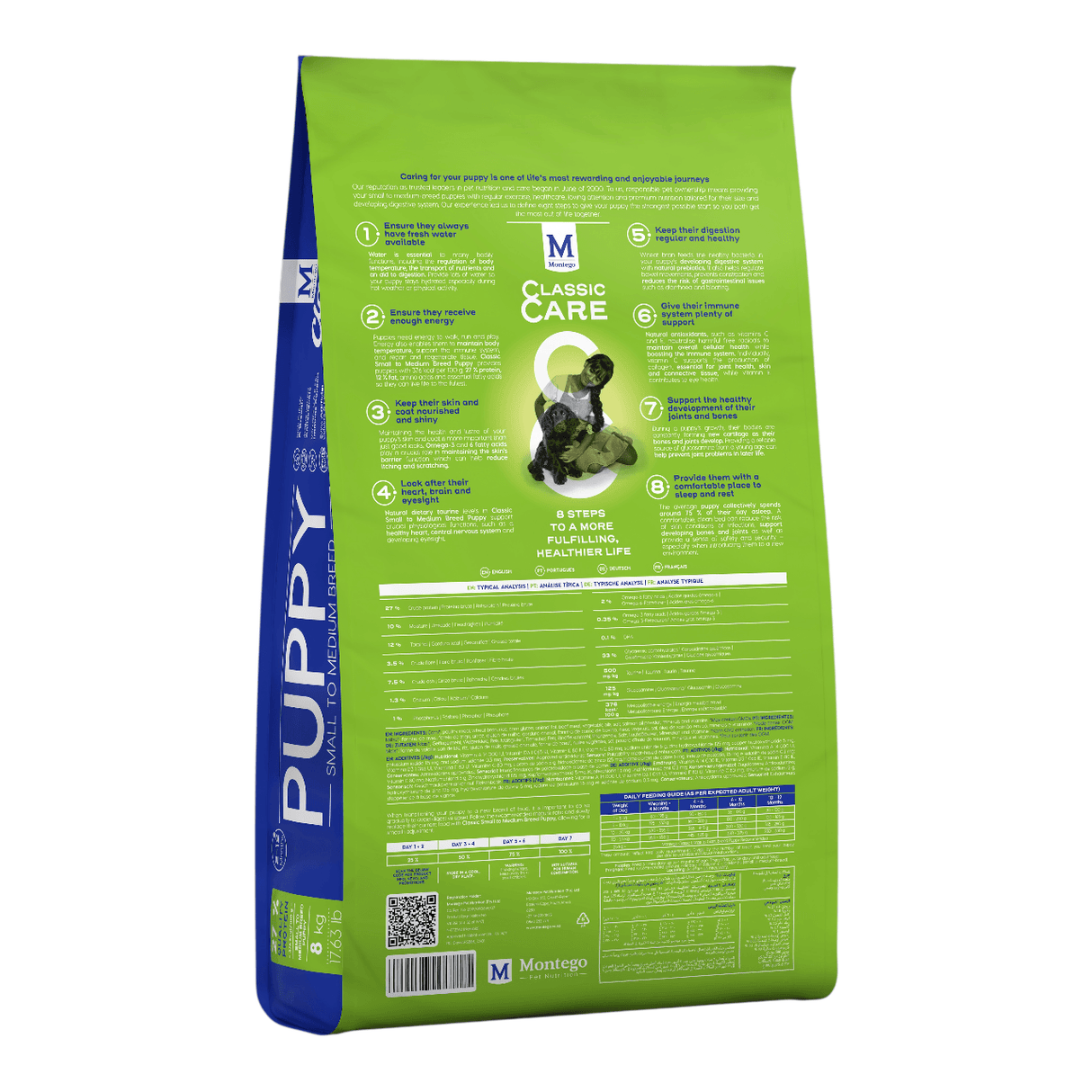 Montego Classic Puppy Small Breed Dog Food 8kg packaging showing feeding guidelines and nutrition for small breed puppies.