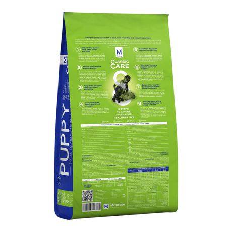 Montego Classic Puppy Small Breed Dog Food 8kg packaging showing feeding guidelines and nutrition for small breed puppies.