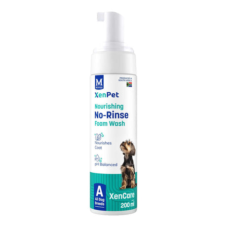 Montego XenPet No Rinse Foam Wash 200ml bottle, nourishing foam wash for pets, easy waterless cleaning.