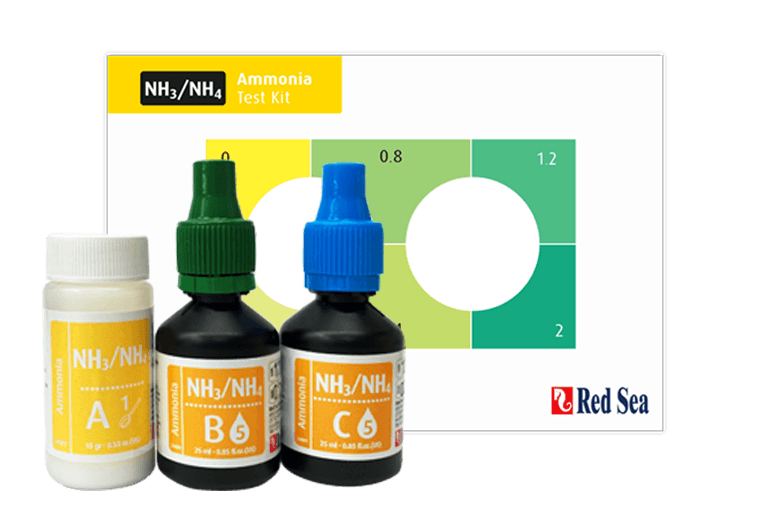 Red Sea MCP Ammonia Test Kit with reagents for measuring ammonia levels in marine aquariums.