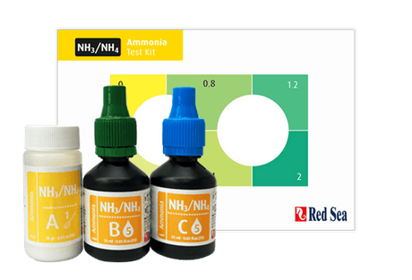 Red Sea MCP Ammonia Test Kit with reagents for measuring ammonia levels in marine aquariums.