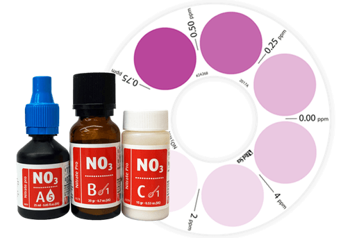 Red Sea Nutrients Algae Control Test Kit with reagents and color wheel for Nitrate measurement.