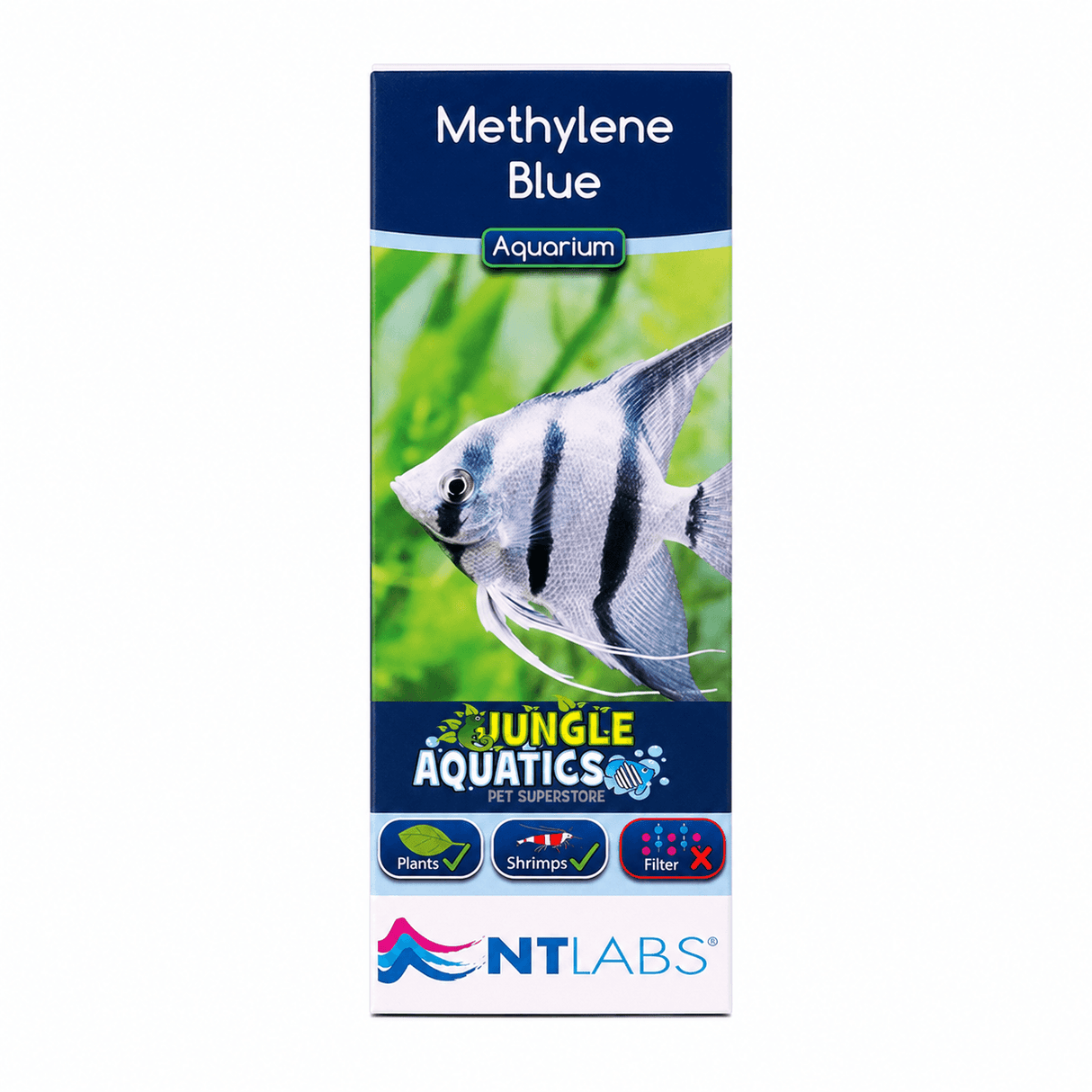 NT Labs Methylene Blue 100ml packaging, featuring aquarium fish and safe usage icons.