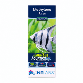 NT Labs Methylene Blue 100ml packaging, featuring aquarium fish and safe usage icons.