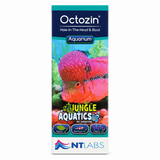 NT Labs Octozin 250ml box for treating Hole-in-the-Head and Bloat in fish, featuring vibrant fish image.