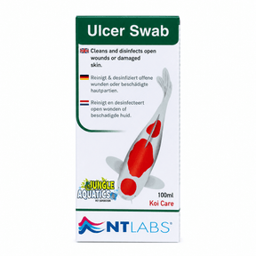 NT Labs Pond Koi Ulcer Swab 100ml product packaging for disinfecting koi wounds and ulcers.