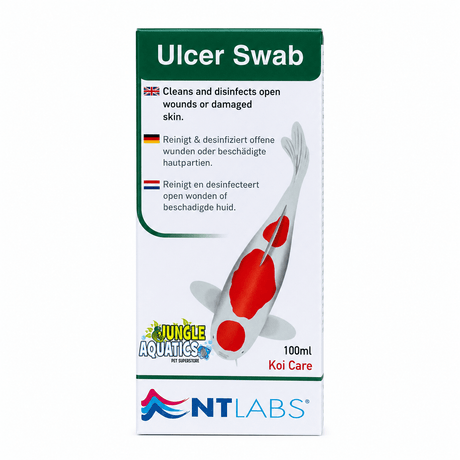 NT Labs Pond Koi Ulcer Swab 100ml product packaging for disinfecting koi wounds and ulcers.