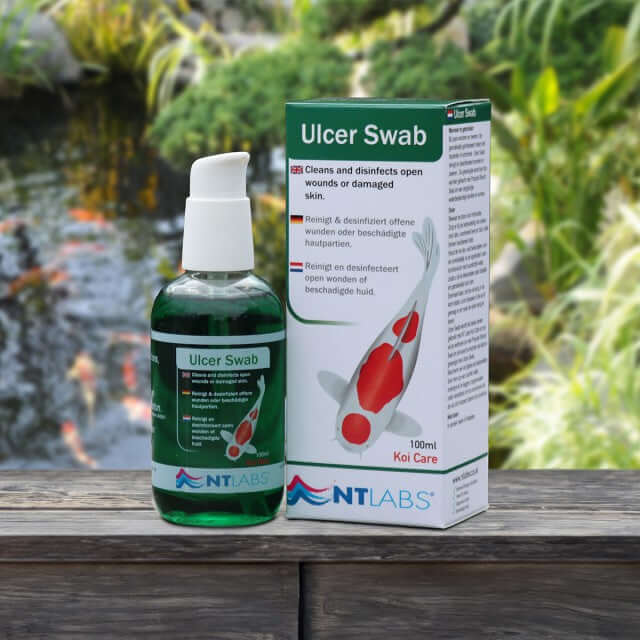 NT Labs Pond Koi Ulcer Swab 100ml bottle and packaging for cleaning koi wounds and ulcers