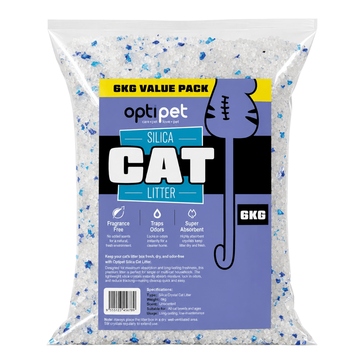 Optipet Silica Cat Litter 6kg Value Pack in clear packaging featuring lightweight crystals for odor absorption.