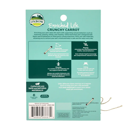 Oxbow Enriched Life Crunchy Carrot packaging featuring details on pet enrichment and natural materials.