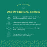 Oxbow Enriched Life Crunchy Carrot benefits including dental health, celebration, fiber, and habitat enrichment.