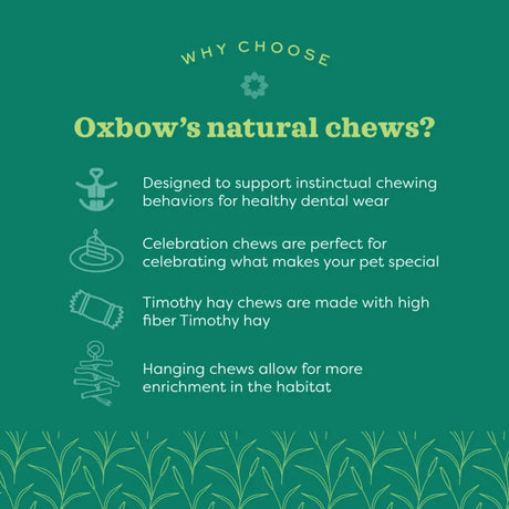 Oxbow Enriched Life Crunchy Carrot benefits including dental health, celebration, fiber, and habitat enrichment.