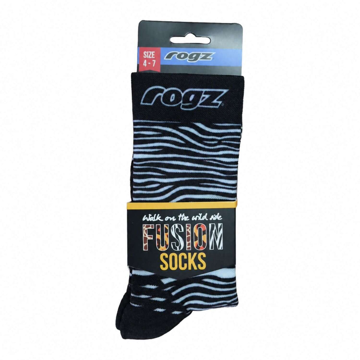 Rogz x Versus Safari Socks in Zebra print size 4-7, perfect for matching with your pet's Rogz Fusion Safari gear.