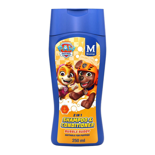 Paw Patrol Bubble Buddy Puppy 2 in 1 Shampoo 250ml bottle with cartoon characters from the series.