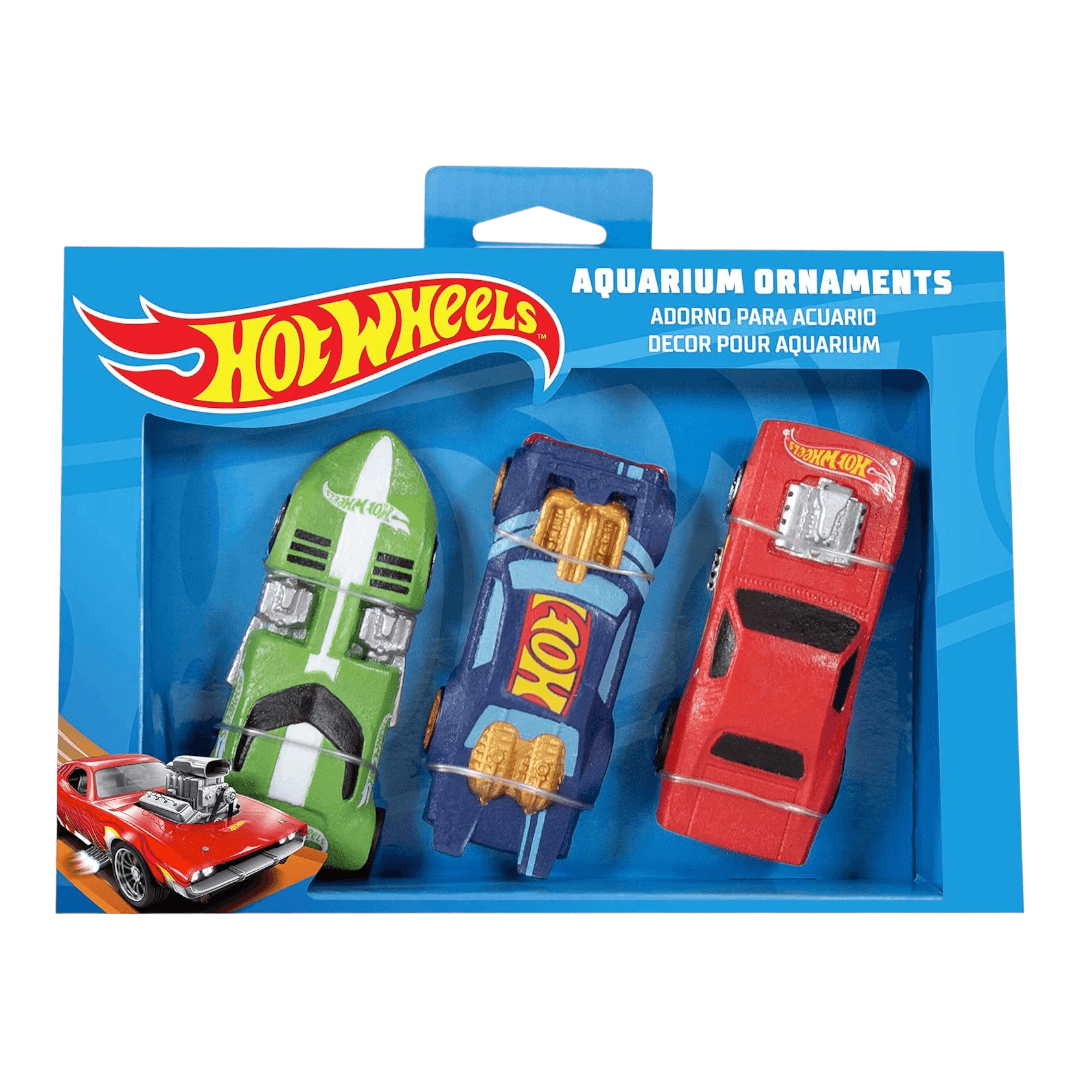 Penn-Plax Hot Wheels Cars Aquarium Decoration Bundle featuring 3 colorful toy cars for aquarium decor.