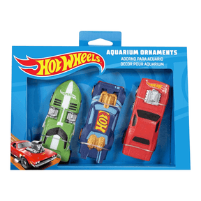 Penn-Plax Hot Wheels Cars Aquarium Decoration Bundle featuring 3 colorful toy cars for aquarium decor.
