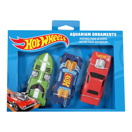 Penn-Plax Hot Wheels Cars Aquarium Decoration Bundle featuring 3 colorful toy cars for aquarium decor.