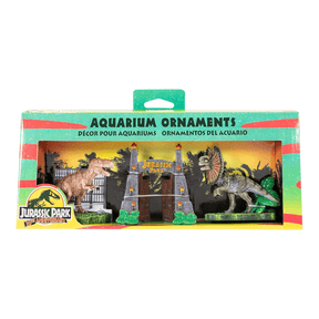 Penn-Plax Jurassic Park Officially Licensed Bundle - T-Rex, Dilophosaurus, and Jurassic Park Gate aquarium ornaments.