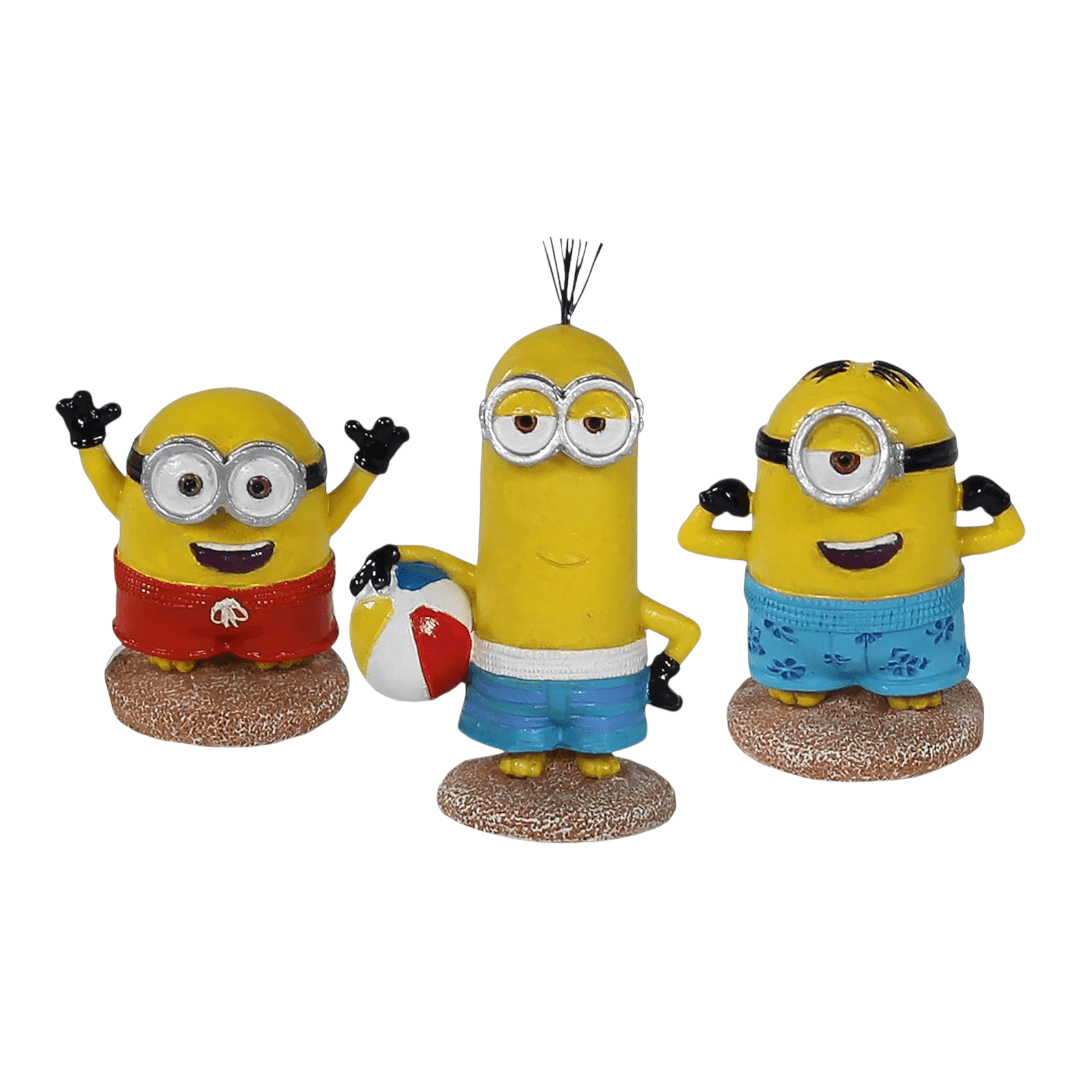 Penn-Plax Minions Officially Licensed beach themed ornament set featuring Kevin, Stuart, and Bob in swimwear.