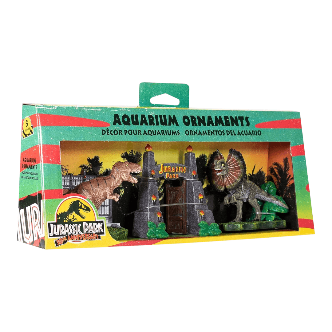 Penn-Plax Jurassic Park Officially Licensed Bundle - 3-piece aquarium ornament set featuring T-Rex and Dilophosaurus.