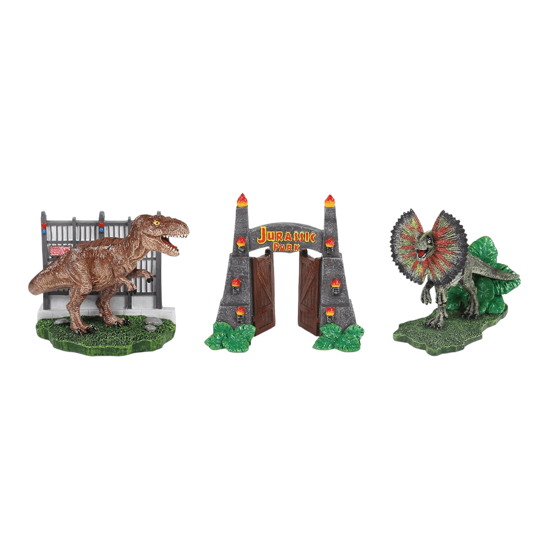 Penn-Plax Jurassic Park Officially Licensed Bundle includes T-Rex, Jurassic Park Gate, and Dilophosaurus ornaments.