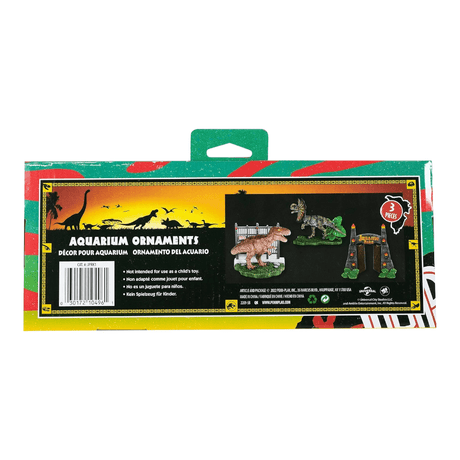 Penn-Plax Jurassic Park Officially Licensed Bundle 3-piece aquarium ornaments featuring T-Rex, Dilophosaurus, and park gate.