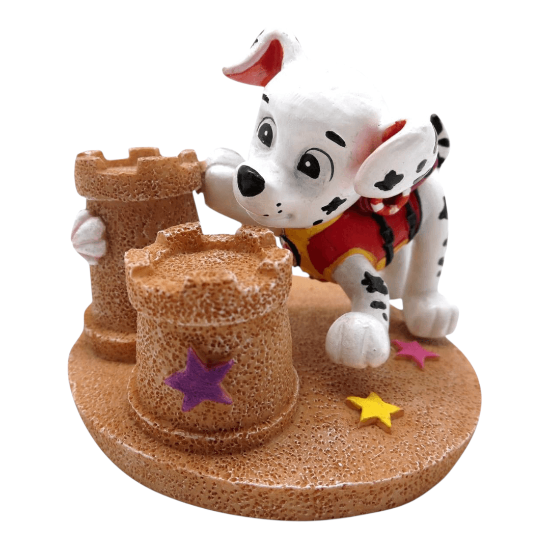 Penn-Plax Paw Patrol Aquarium Ornament Bundle featuring playful pup Marshall with sandcastles.