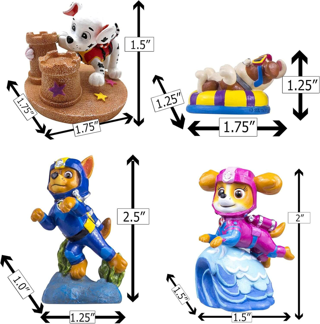 Penn-Plax Paw Patrol Aquarium Ornament Bundle featuring Chase, Marshall, Rubble, and Skye in colorful designs.