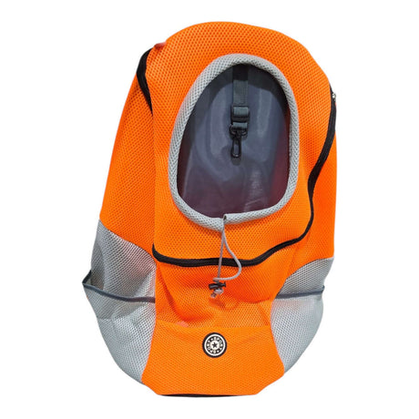 Pet Carry Backpack in bright orange color, designed for small pets, featuring breathable mesh and secure interior.