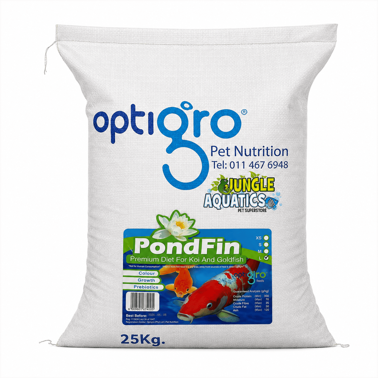 PondFin Koi and Goldfish Food 25kg Bag, premium diet for Koi and goldfish, nutrient-rich fish food.