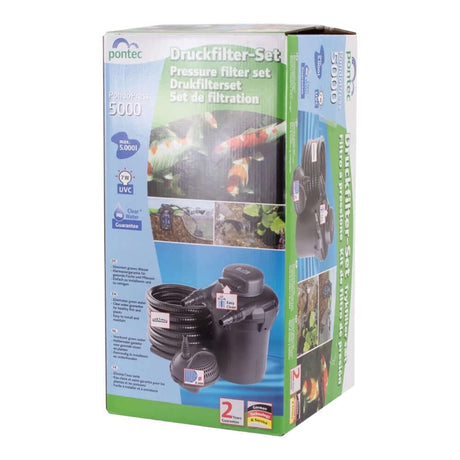Pontec PondoPress 5000 All in One Pond Filter packaging with features and specifications for pond filtration.