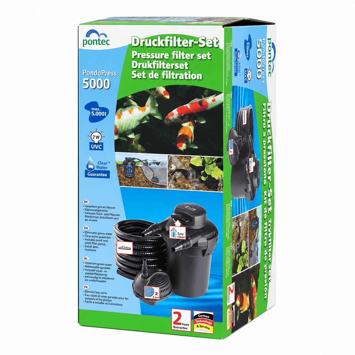 Pontec PondoPress 5000 All in One Pond Filter with clear water guarantee and accessories for pond maintenance.
