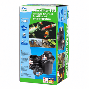 Pontec PondoPress 5000 All in One Pond Filter with clear water guarantee and accessories for pond maintenance.