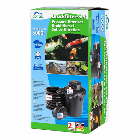 Pontec PondoPress 5000 All in One Pond Filter with clear water guarantee and accessories for pond maintenance.