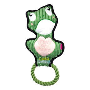 Q-Monster Dog Toy Green Frog, a plush frog dog toy with a rope loop for interactive play and cuddling.